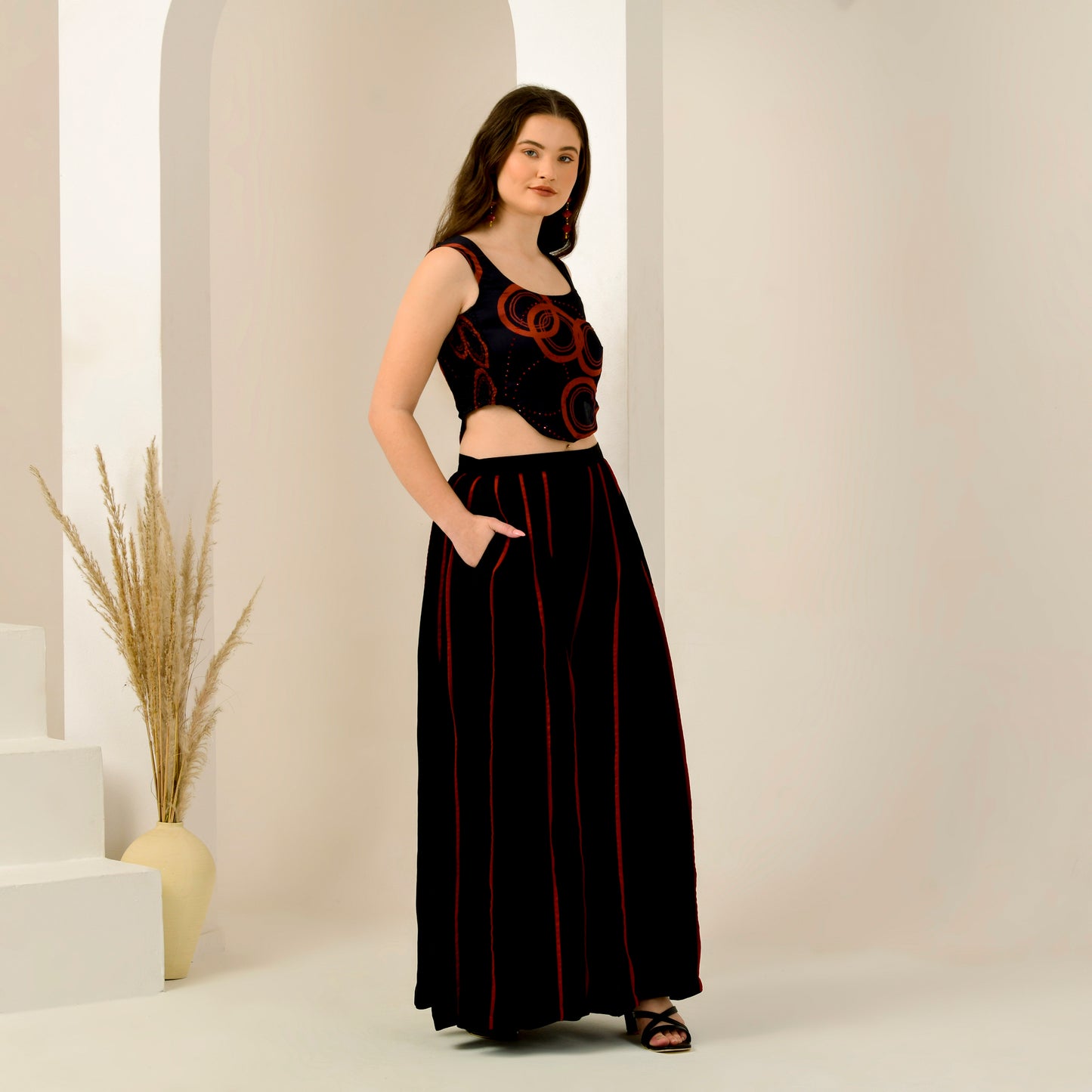 Black and Red Embellished Powerful Print Crop Top and Wide Leg Pleated Palazzo Set