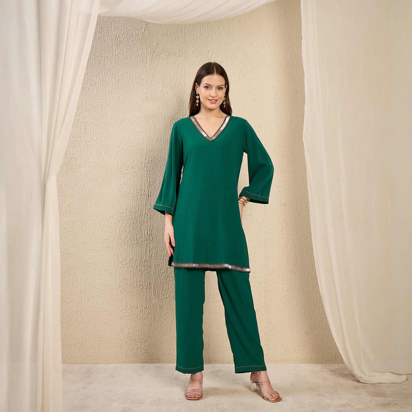 Green Hand Embroidered Top and Straight Pants Set