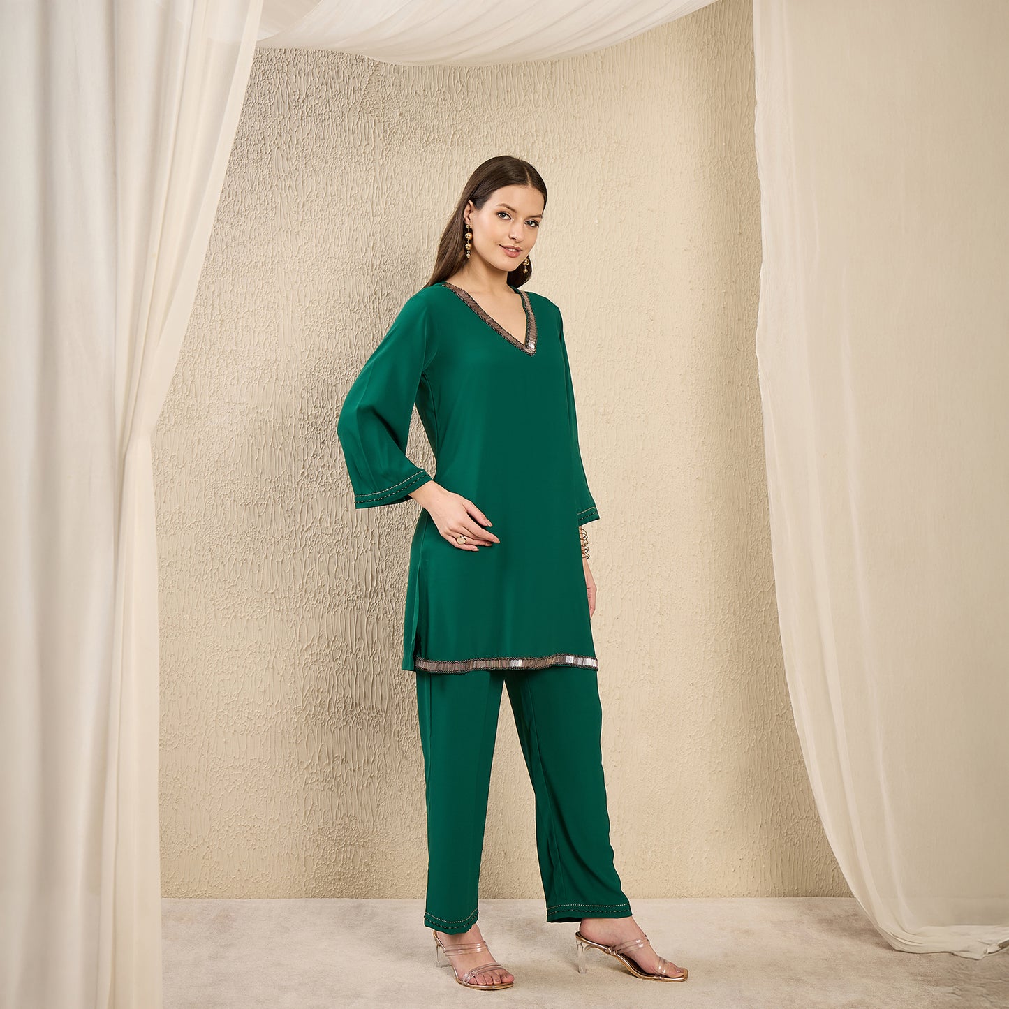 Green Hand Embroidered Top and Straight Pants Set