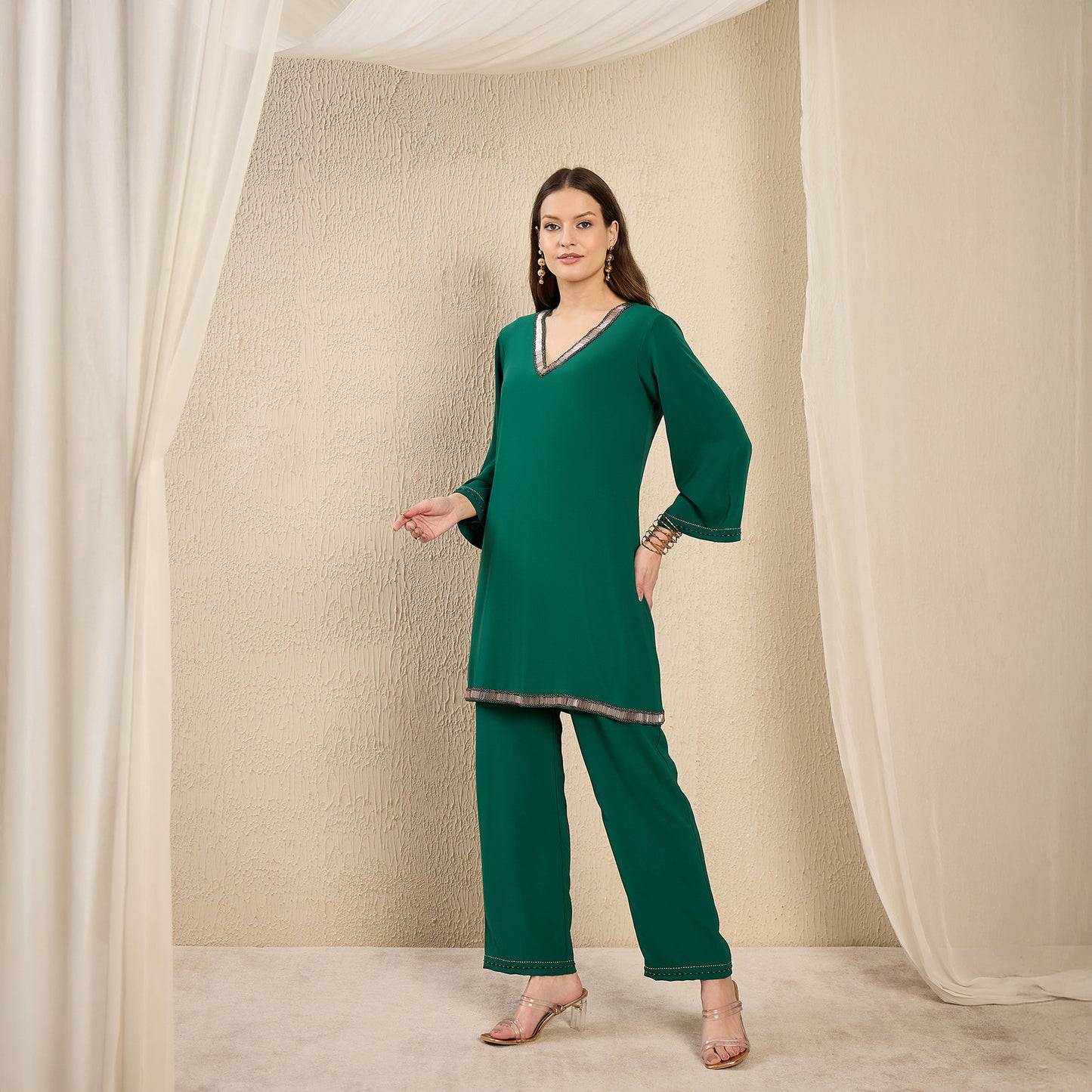 Green Hand Embroidered Top and Straight Pants Set
