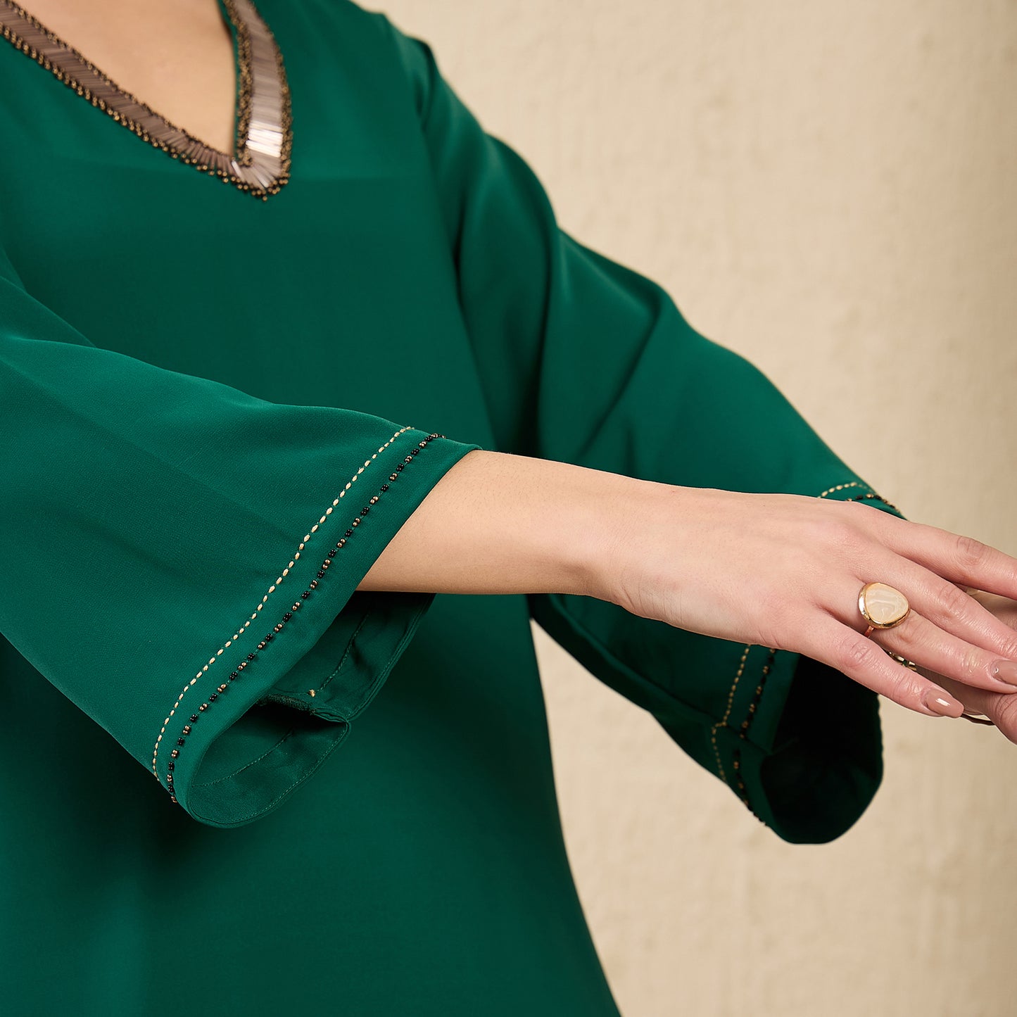 Green Hand Embroidered Top and Straight Pants Set