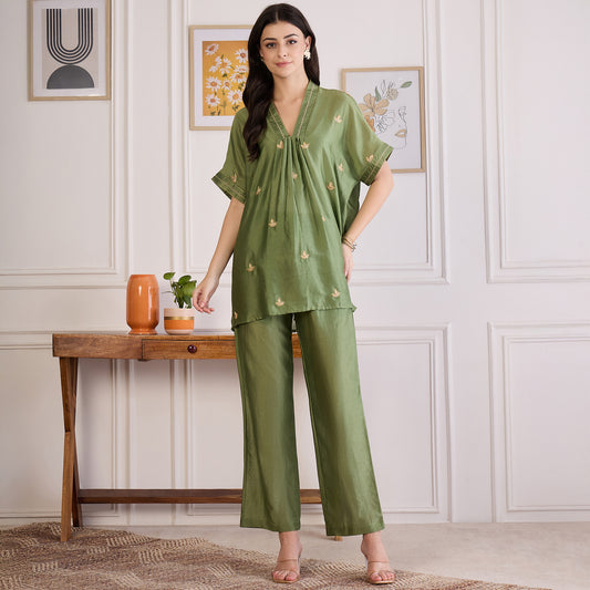 Green Zari Hand Embroidered Short Kaftan Top with Pants Set
