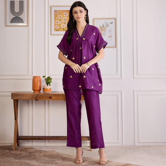 Purple Zari Hand Embroidered Short Kaftan Top with Pants Set