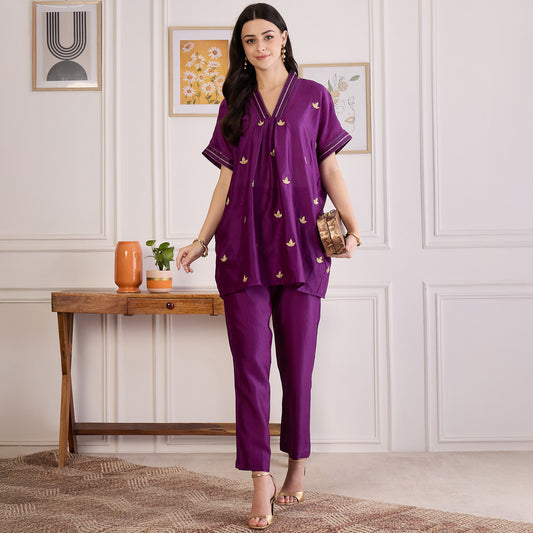 Purple Zari Hand Embroidered Short Kaftan Top with Pants Set