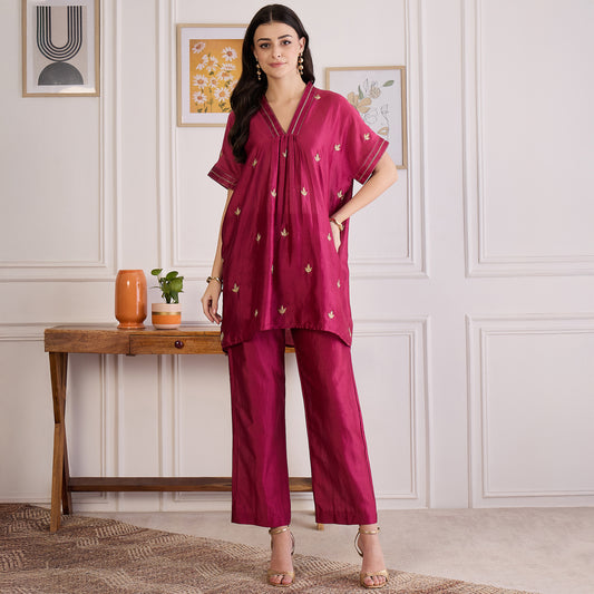 Wine Zari Hand Embroidered Short Kaftan Top with Pants Set