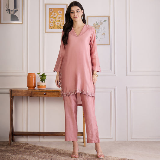 Carnation Pink Floral Cutwork Embroidered Set