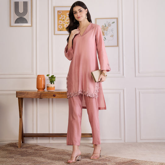 Carnation Pink Floral Cutwork Embroidered Set