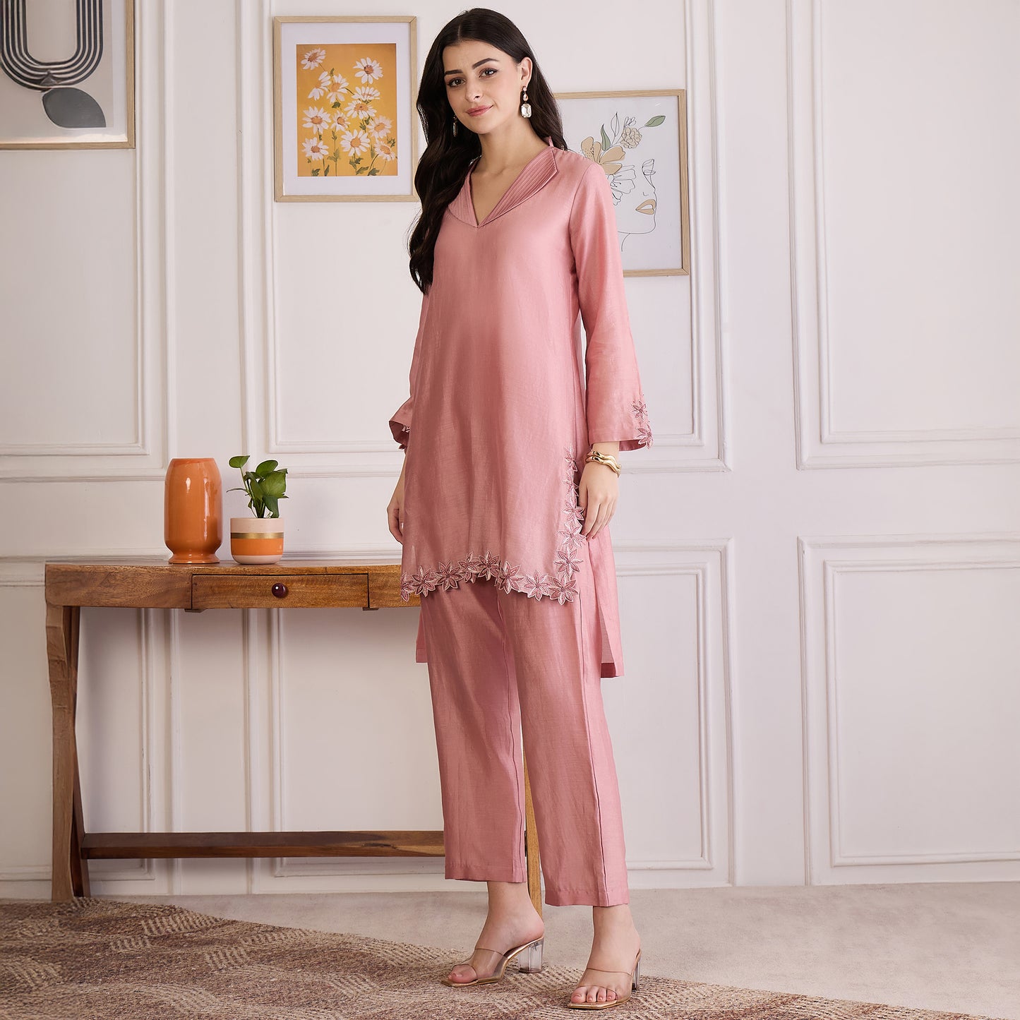 Carnation Pink Floral Cutwork Embroidered Set