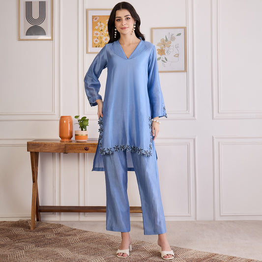 Sky Blue Floral Cutwork Embroidered Set