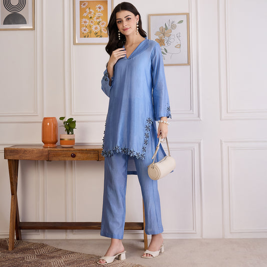 Sky Blue Floral Cutwork Embroidered Set