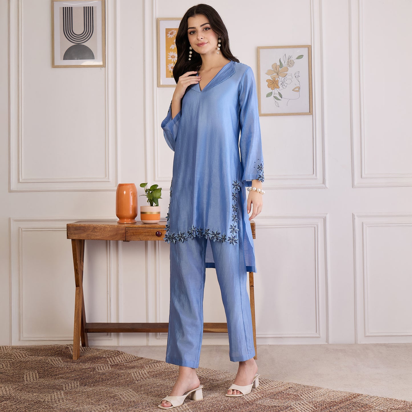 Sky Blue Floral Cutwork Embroidered Set