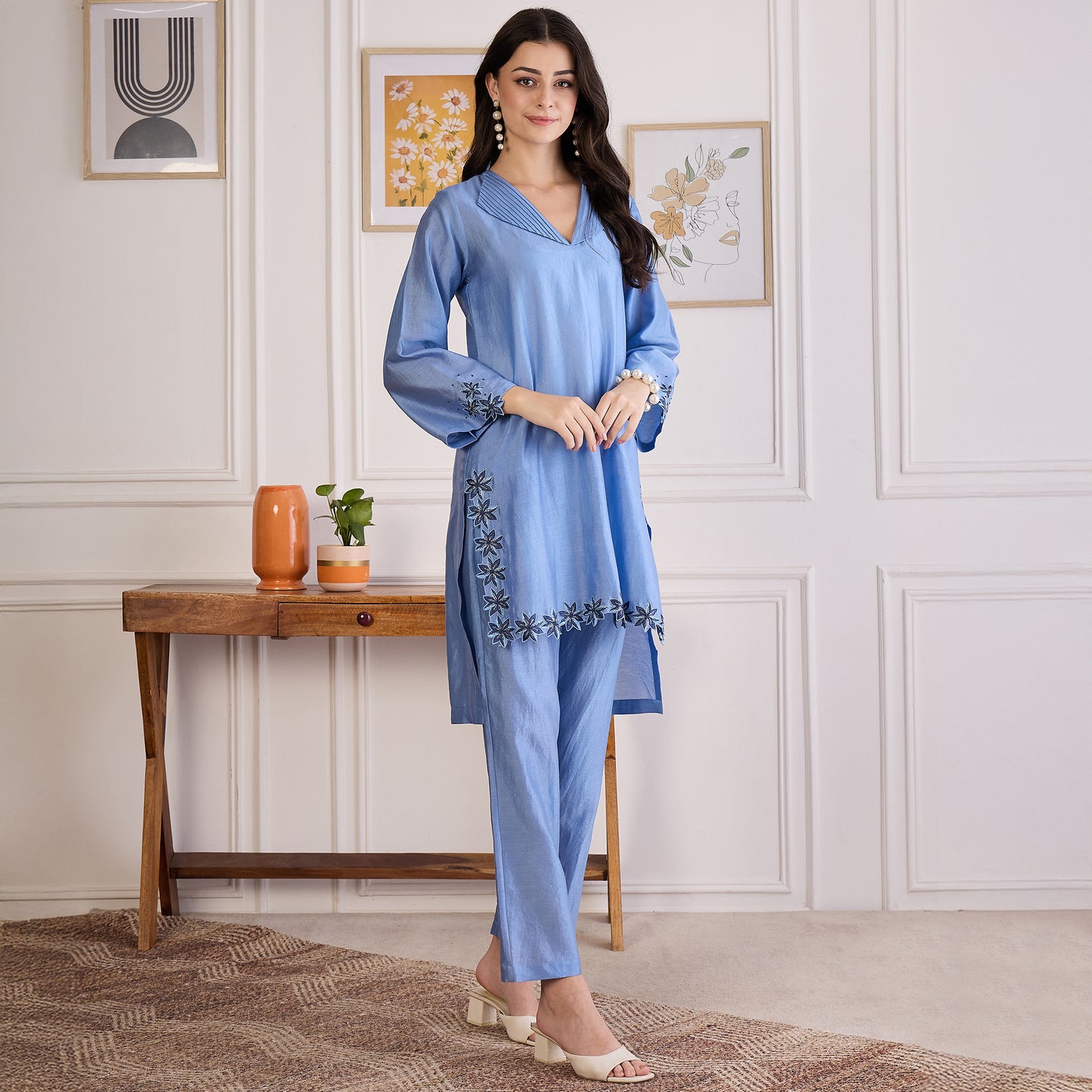 Sky Blue Floral Cutwork Embroidered Set