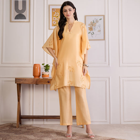 Butter Yellow Embroidered Kaftan set