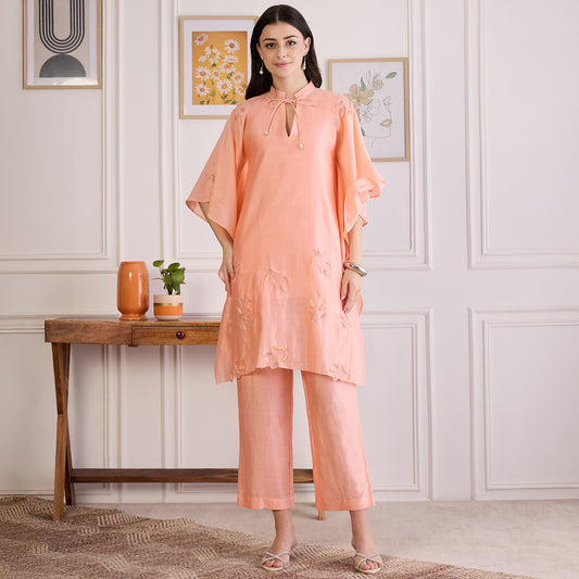Peach Embroidered Kaftan Set