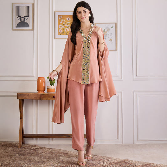 Light Rust Mirror Laced Kaftan Top with Pants Set