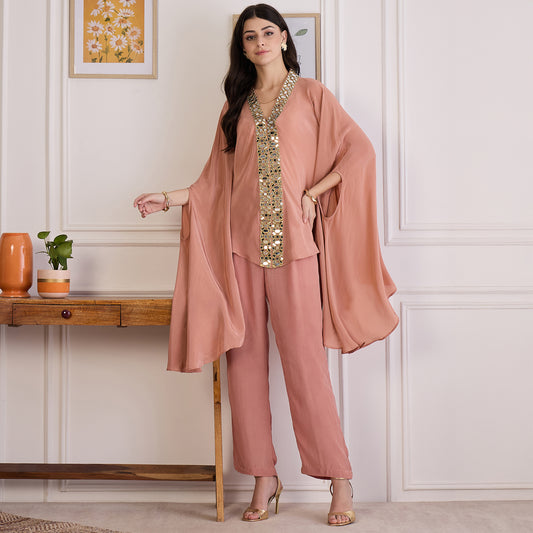 Light Rust Mirror Laced Kaftan Top with Pants Set