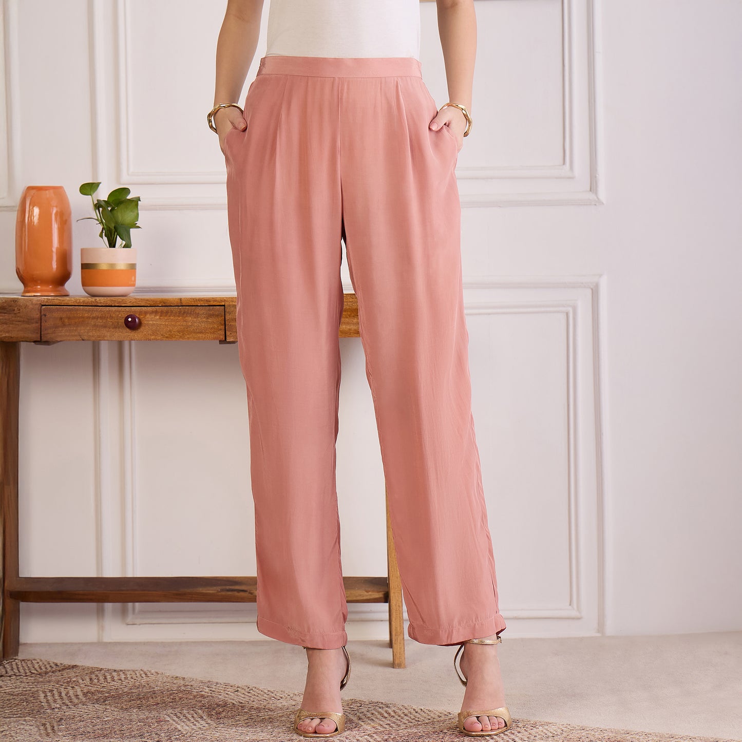 Light Rust Mirror Laced Kaftan Top with Pants Set