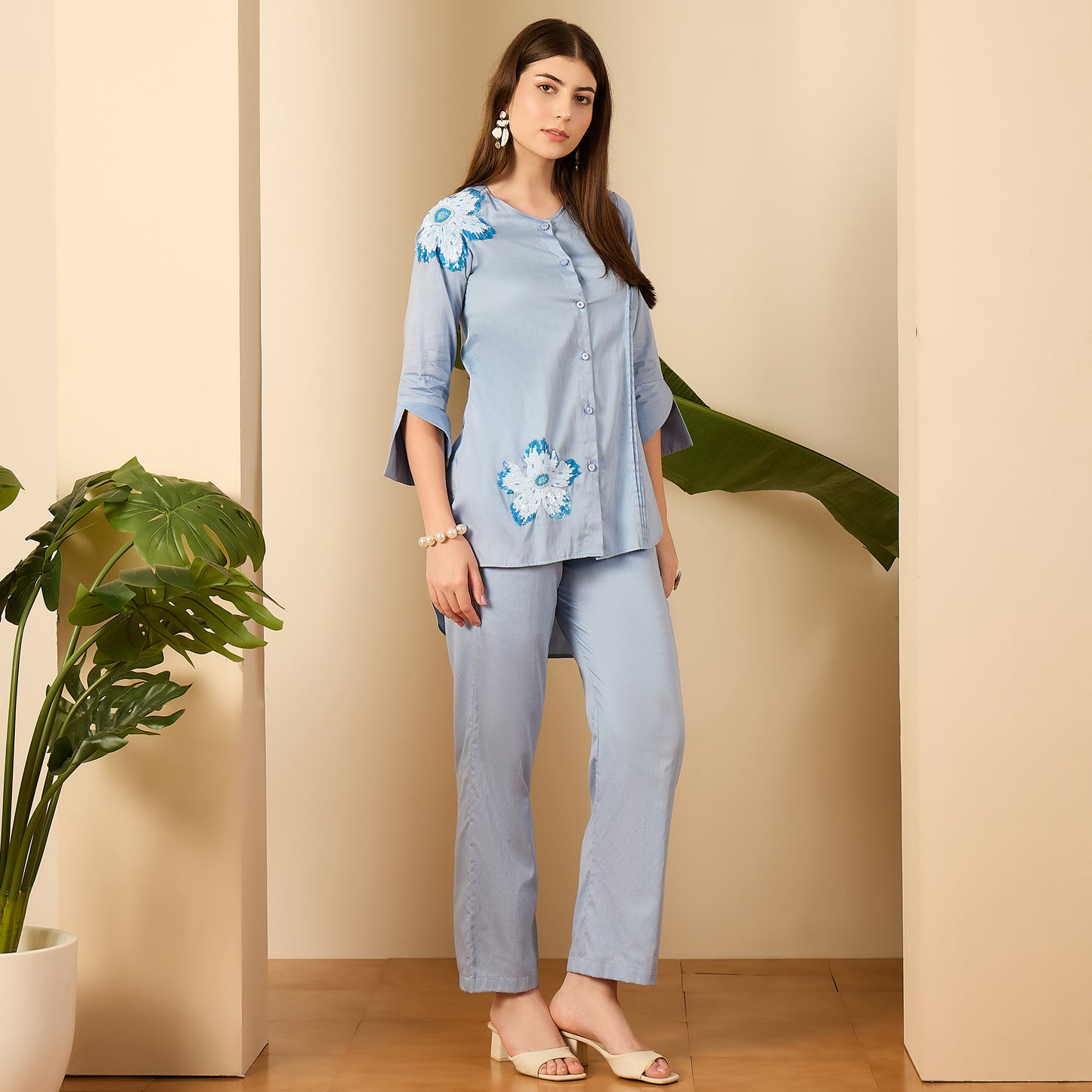 Blue Floral Sequined Embroidered Co-ord Set