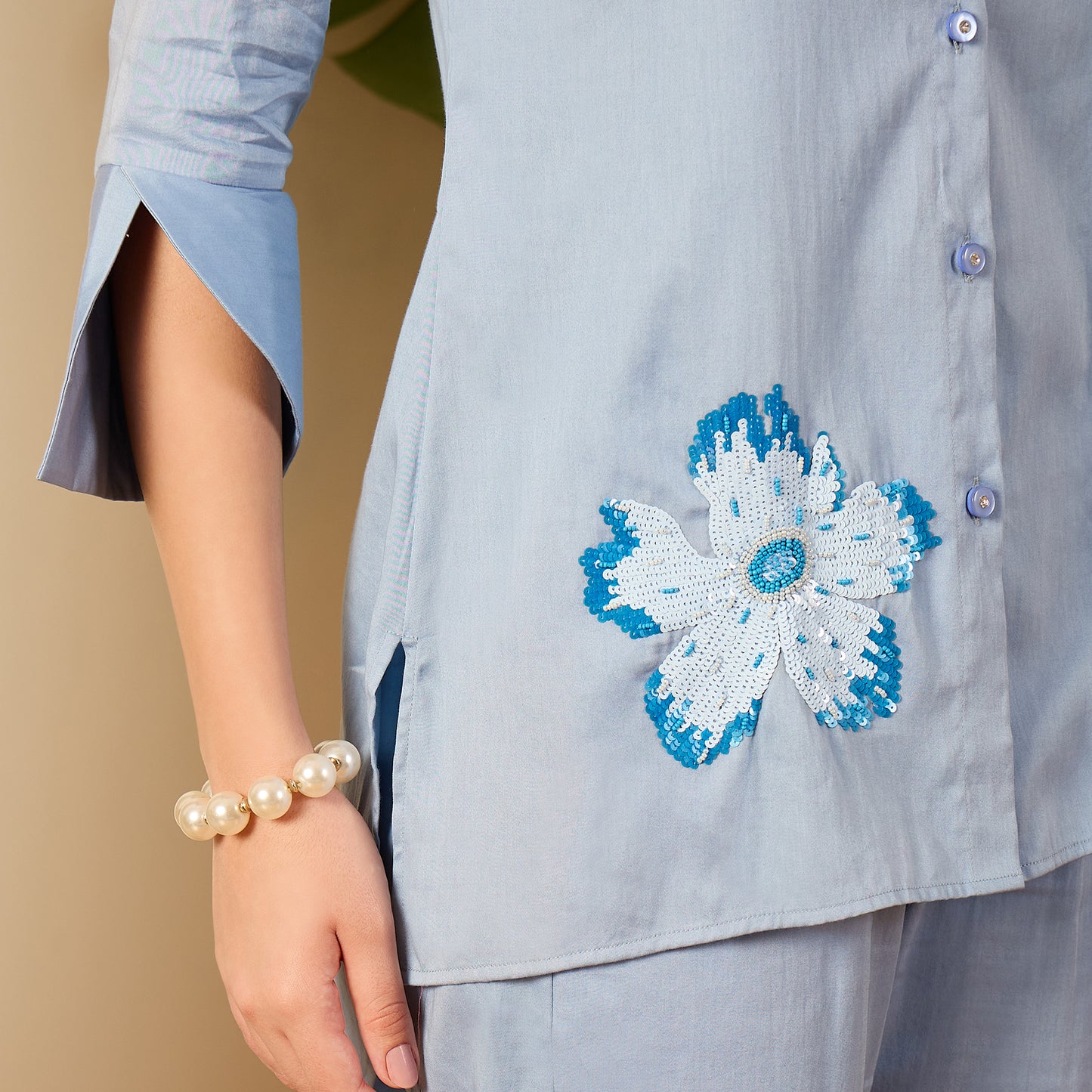 Blue Floral Sequined Embroidered Co-ord Set