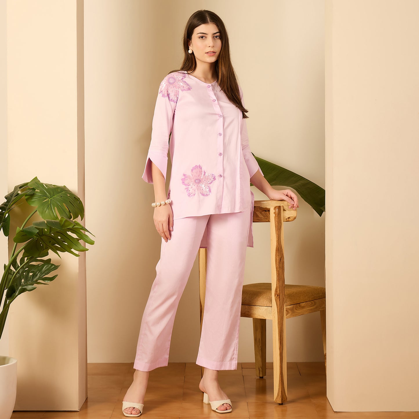 Lilac Floral Sequined Embroidered Co-ord Set