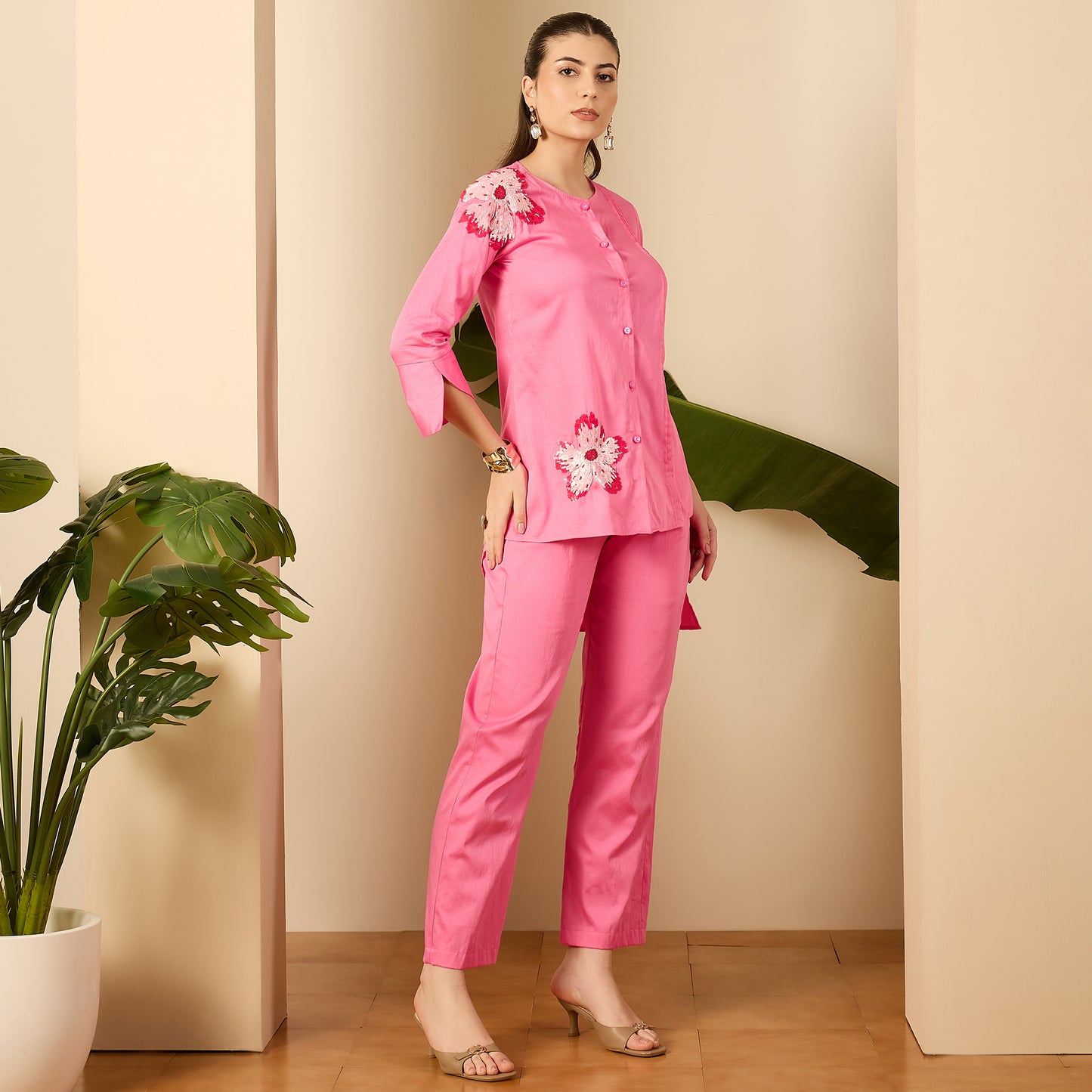 Pink Floral Sequined Embroidered Co-ord Set