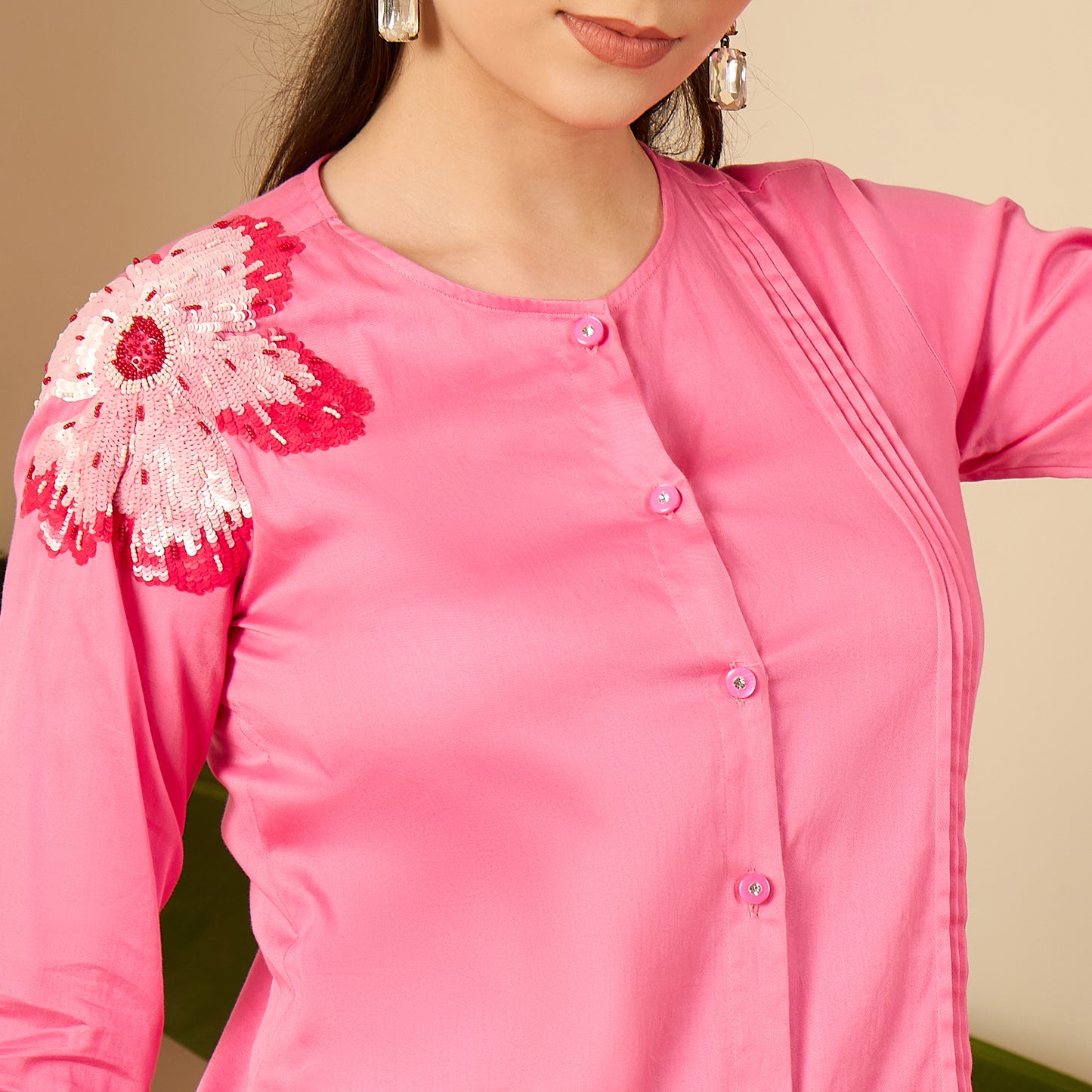Pink Floral Sequined Embroidered Co-ord Set