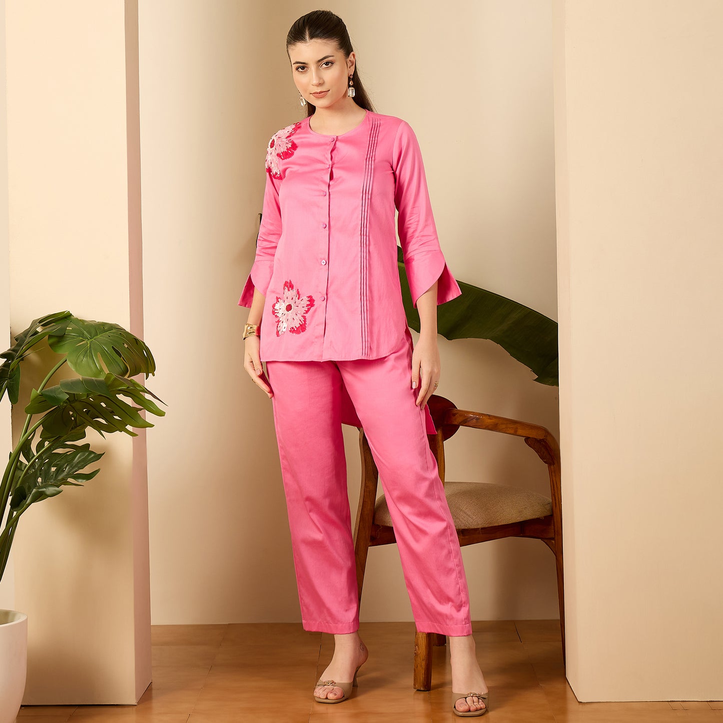 Pink Floral Sequined Embroidered Co-ord Set