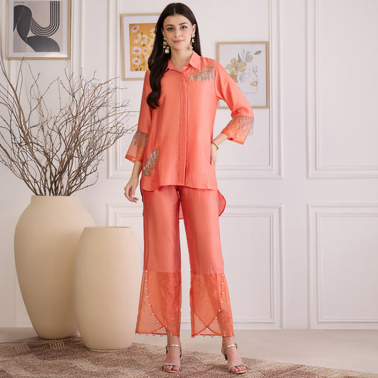Peach Pearl Hand Embroidered Co-ord Set