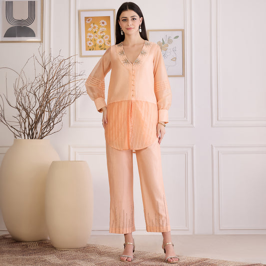 Peach Blush Pin Tuck Hand-Embroidered Co-ord Set
