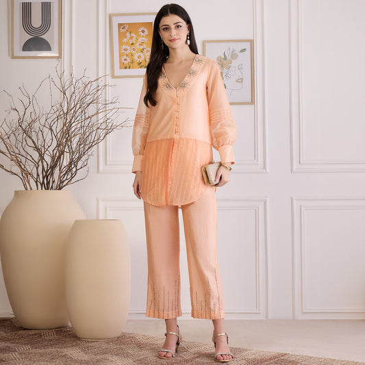Peach Blush Pin Tuck Hand-Embroidered Co-ord Set