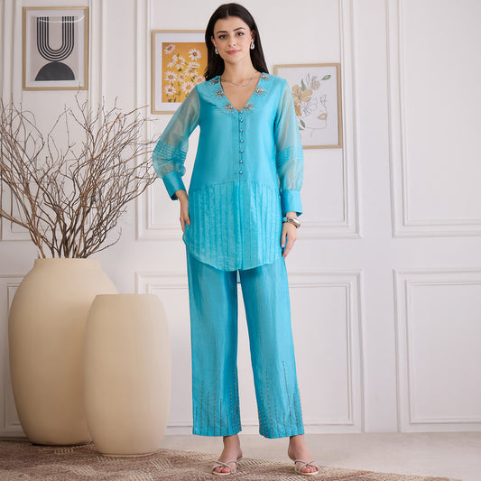 Sky Blue Pin Tuck Hand-Embroidered Co-ord Set