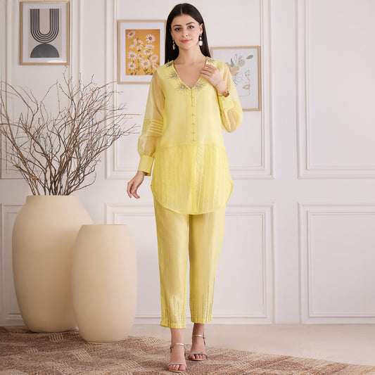 Yellow Pin Tuck Hand-Embroidered Co-ord Set