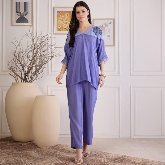 Slate Blue Floral Embroidered Kaftan Top with Pants