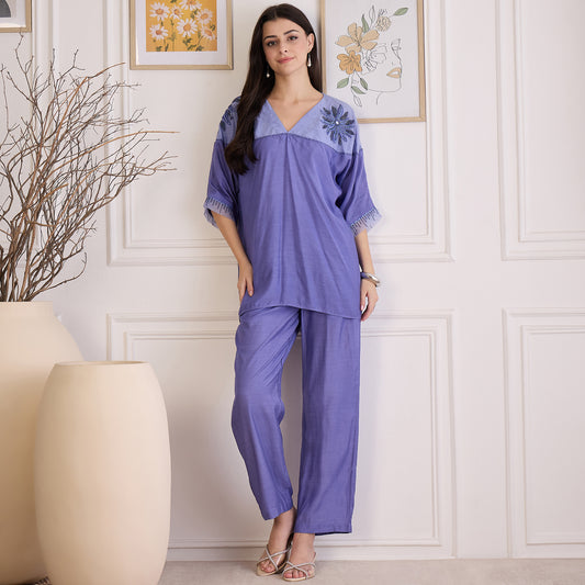 Slate Blue Floral Embroidered Kaftan Top with Pants