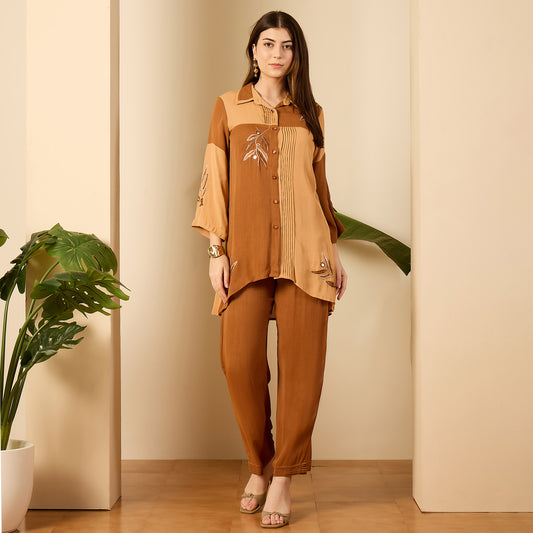 Beige Patched Hand Embroidered Co-Ord Set