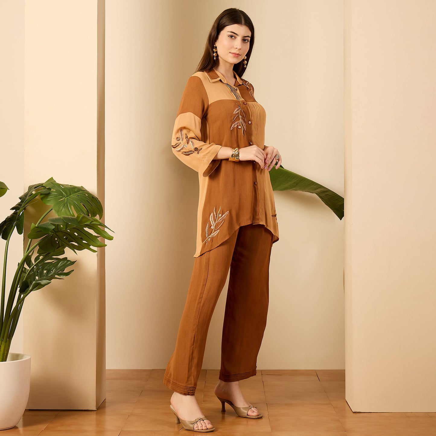 Beige Patched Hand Embroidered Co-Ord Set