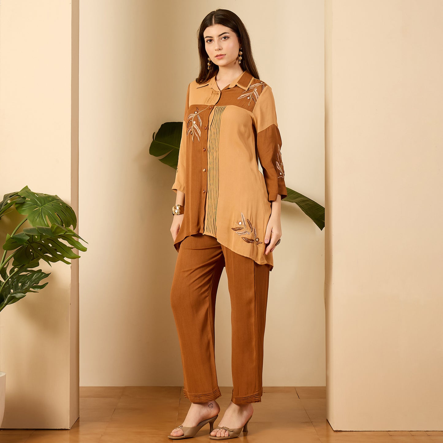 Beige Patched Hand Embroidered Co-Ord Set
