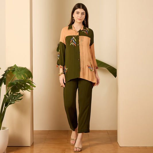 Green and Beige Patched Hand Embroidered Co-Ord Set