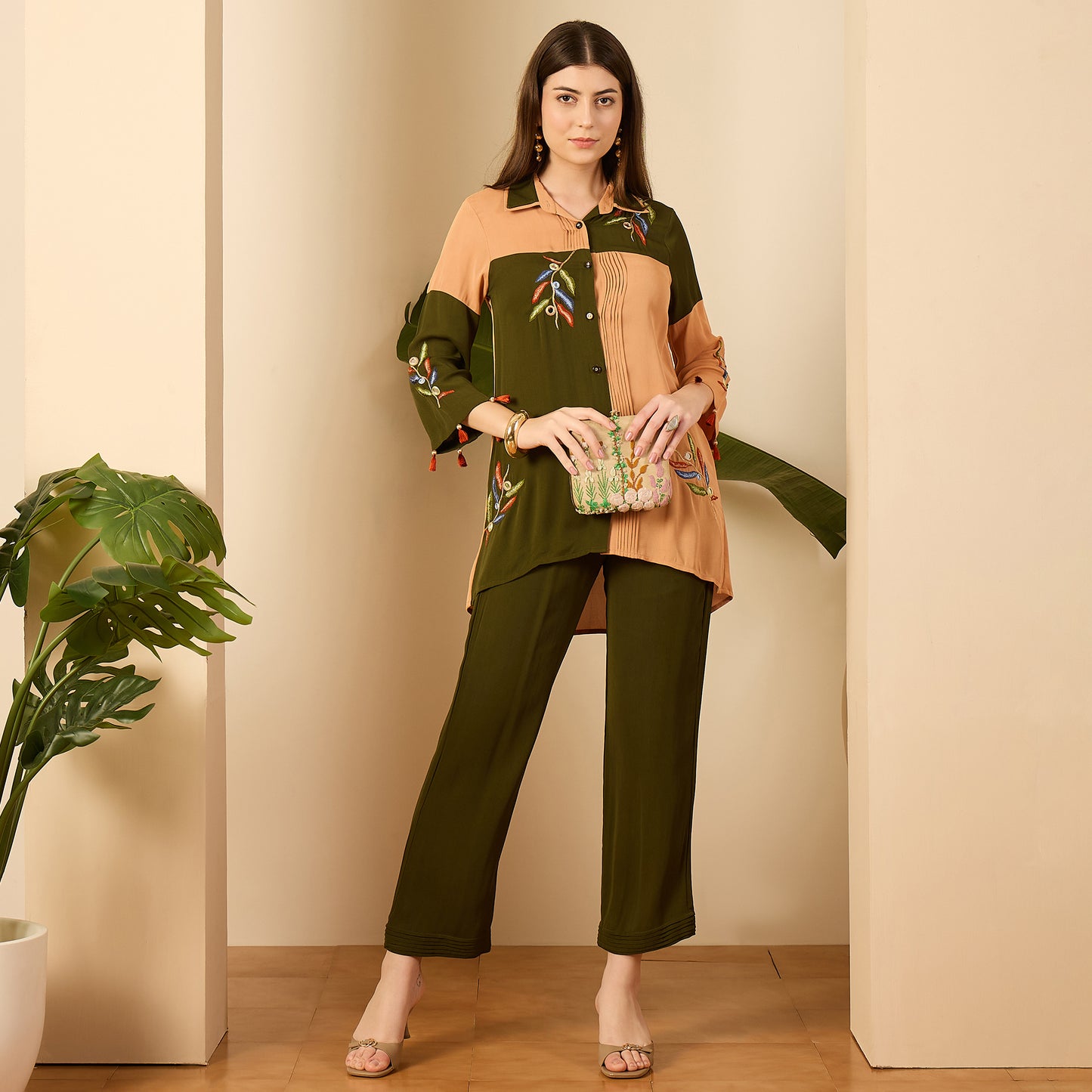 Green and Beige Patched Hand Embroidered Co-Ord Set