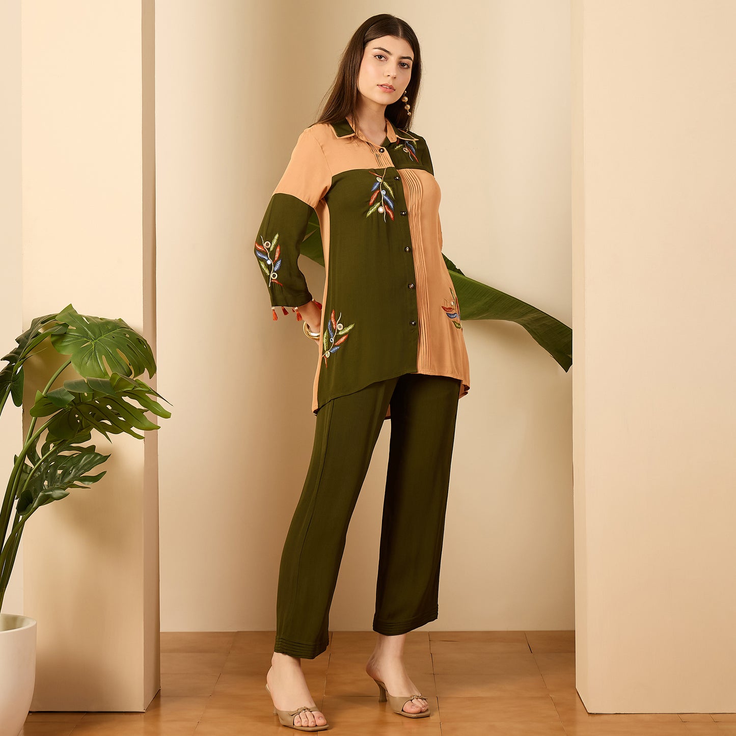 Green and Beige Patched Hand Embroidered Co-Ord Set