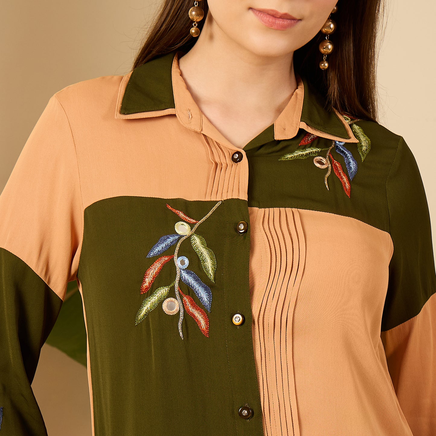 Green and Beige Patched Hand Embroidered Co-Ord Set