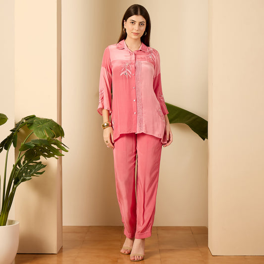 Luxury Pink Patched Hand Embroidered Co-Ord Set