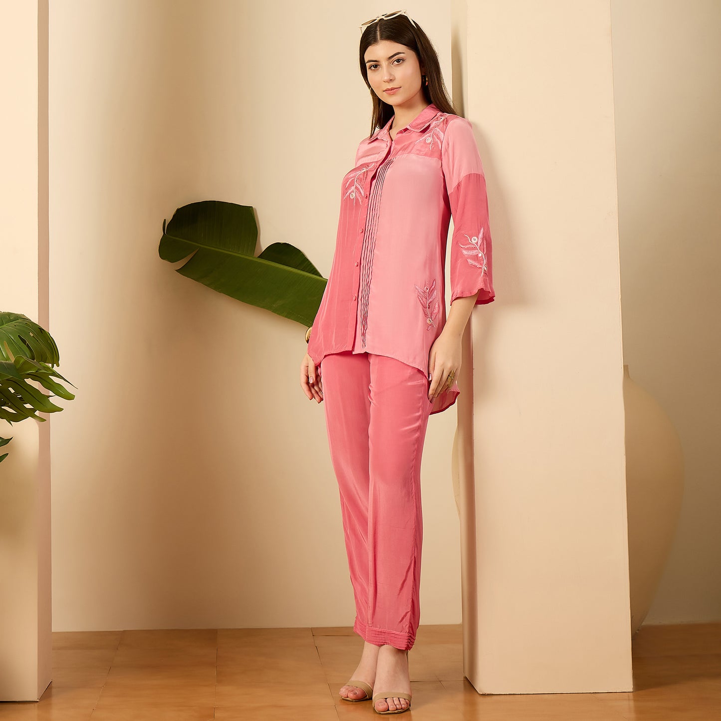 Luxury Pink Patched Hand Embroidered Co-Ord Set