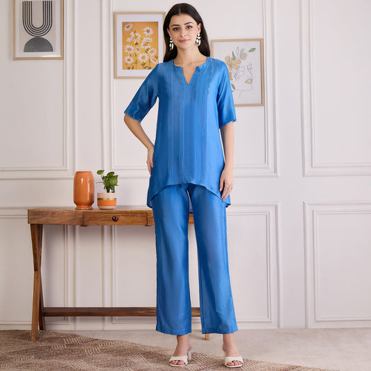 Blue Pin Tucked Beaded Co-ord Set