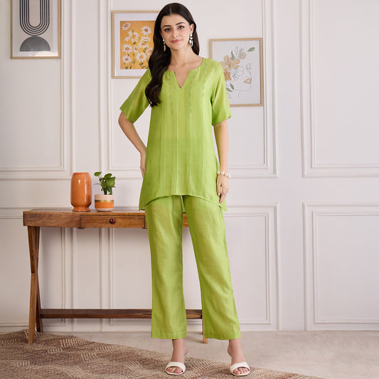 Lime Green Pin Tucked Beaded Co-ord Set