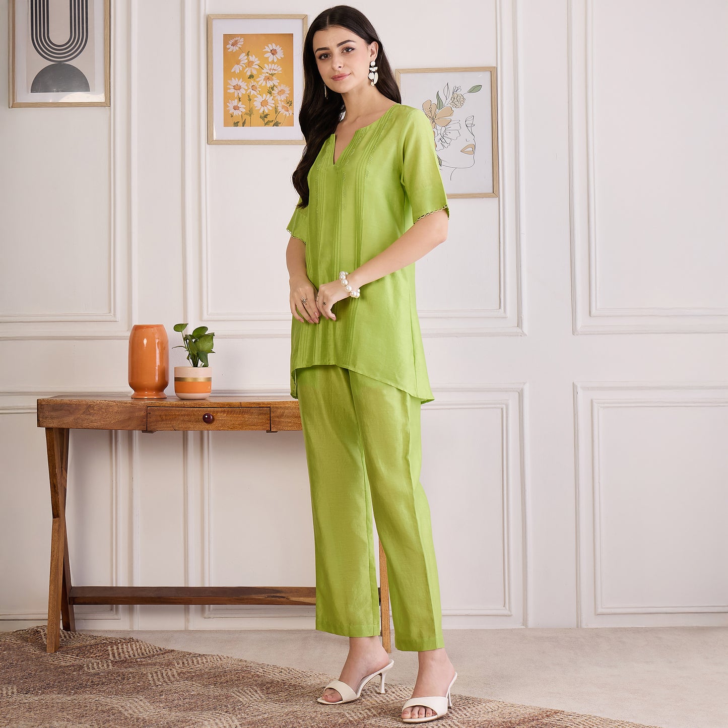 Lime Green Pin Tucked Beaded Co-ord Set