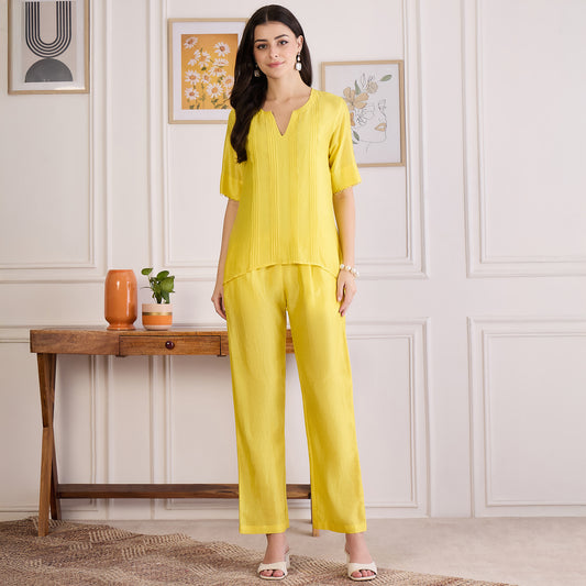 Yellow Pin Tucked Beaded Co-ord Set