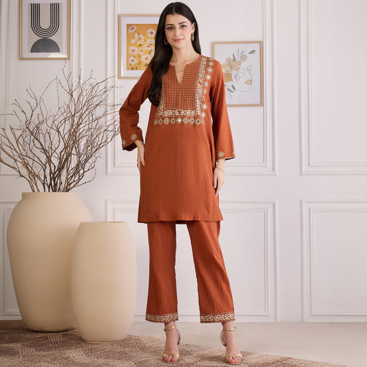 Earthy Brown Yoke Embroidered Co-ord Set