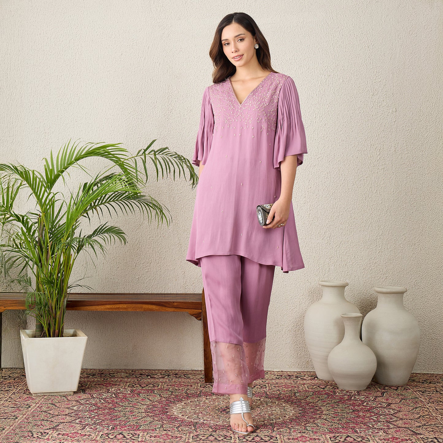 Lavender Floral Hand Embroidered Top with Pants Set