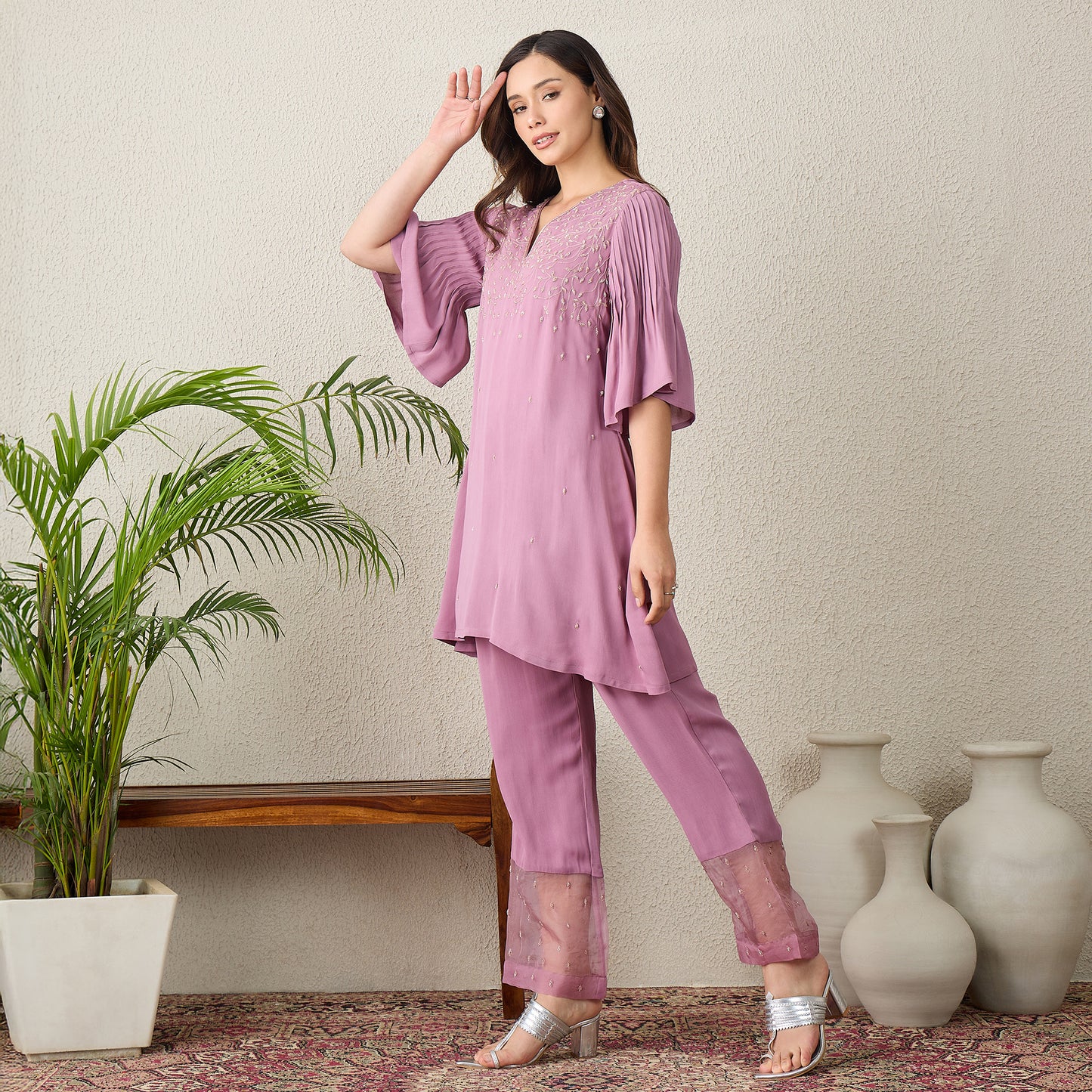 Lavender Floral Hand Embroidered Top with Pants Set